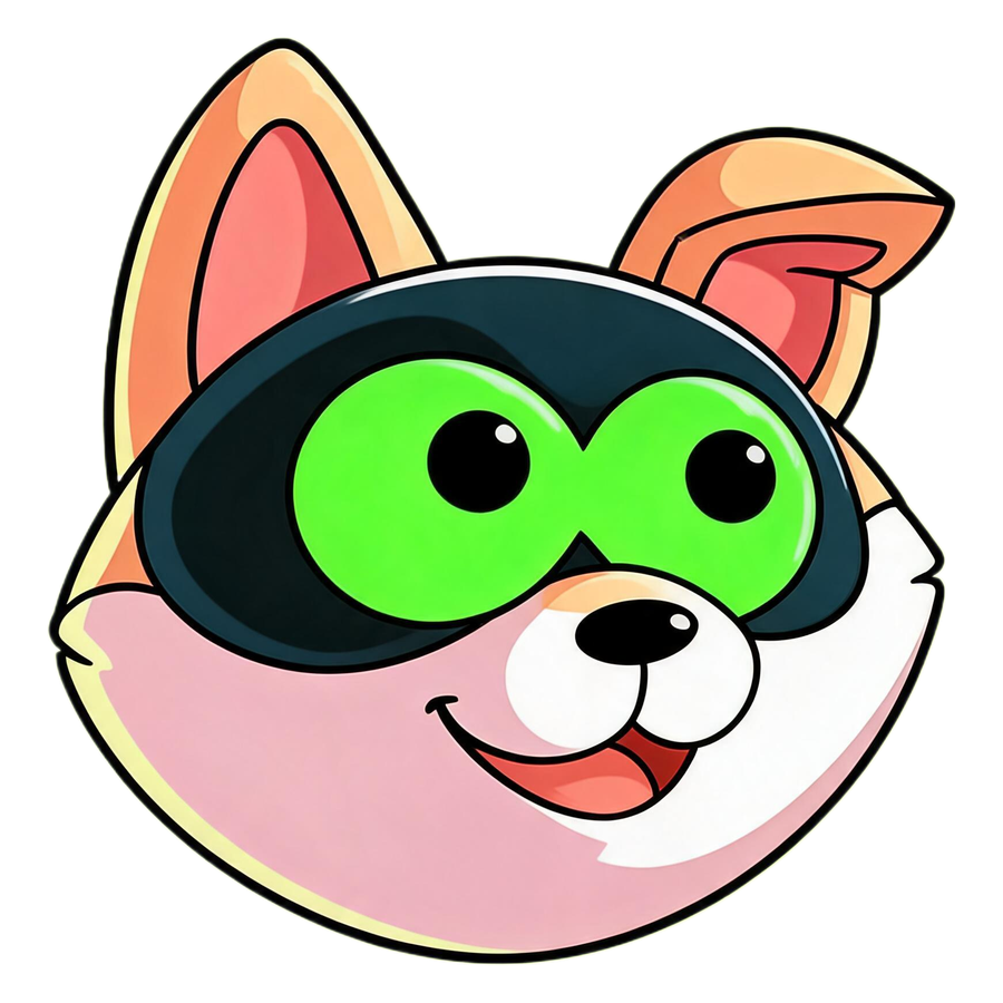 Stream Inu mascot: a cheerful cartoon dog with oversized neon green eyes